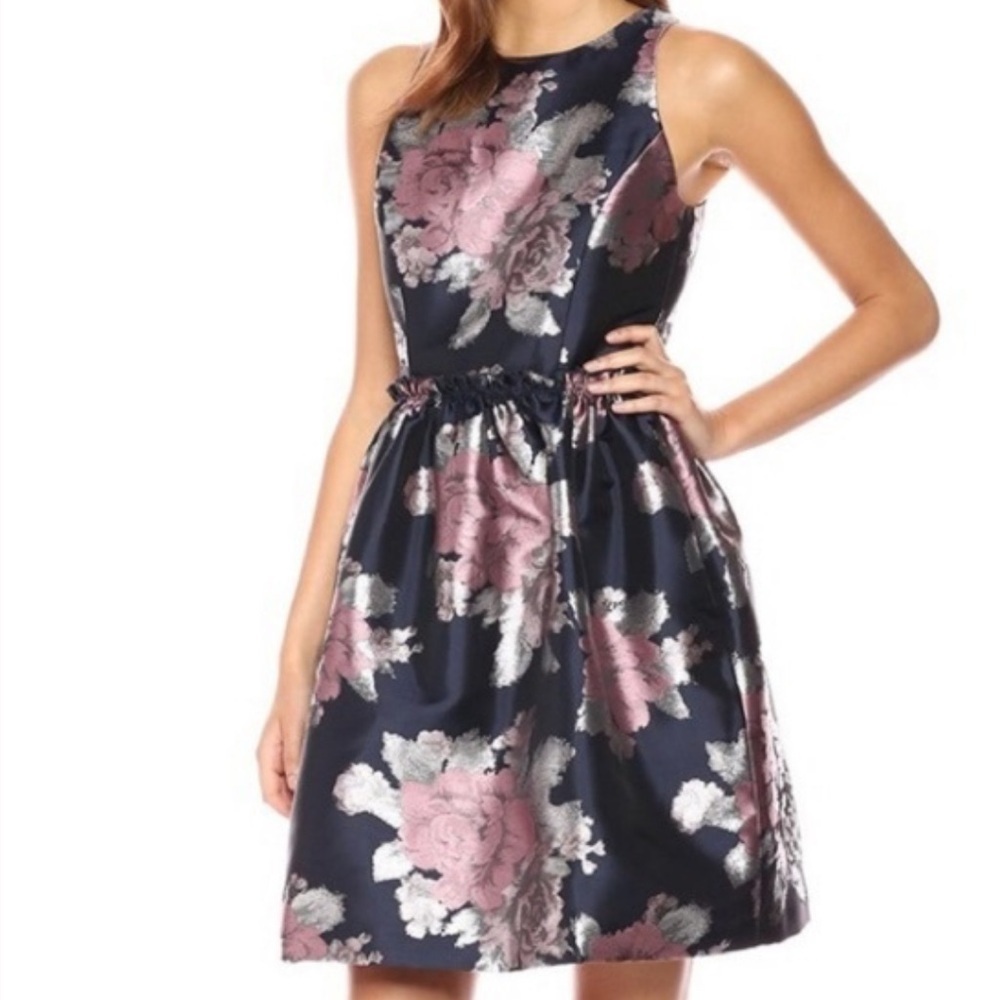 Tahari Navy Floral Fit & Flare Mini Dress with Pink and Silver Blooms